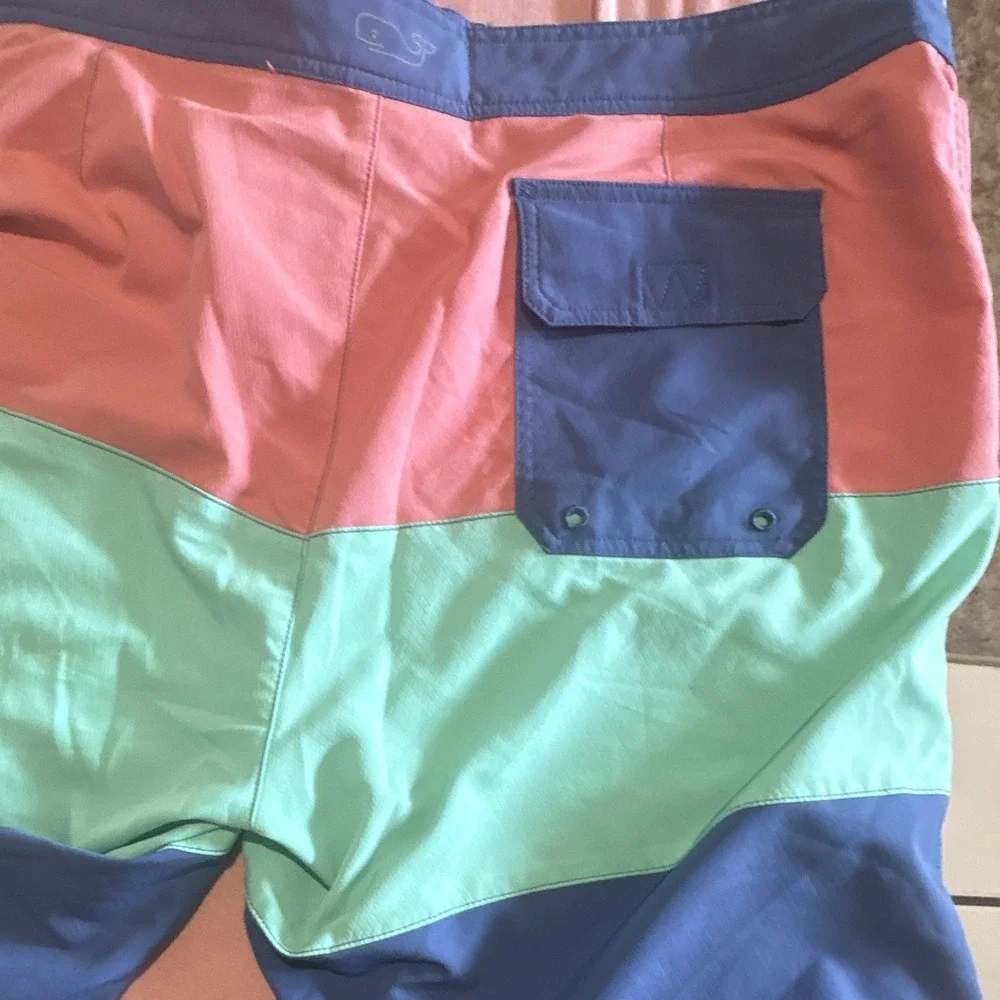 Vineyard Vines Mens Colorblock Swim Trunks Blue Pink Green Size 40 Pockets